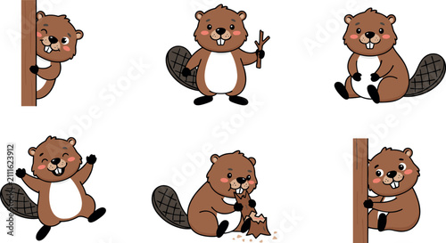 Bild auf Leinwand Cute Cartoon Beaver Character Set Featuring Various Activities Like Peeking Hold