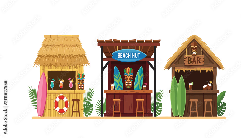 Obraz premium Tropical tiki beach bar and surf hut vector set with cocktail drinks surfboards and hawaiian decorations isolated on white background