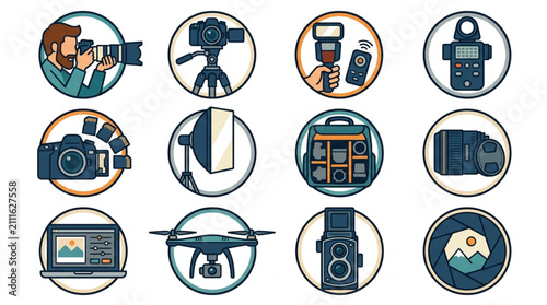 Cuadro en lienzo Collection of photography and videography equipment icons.