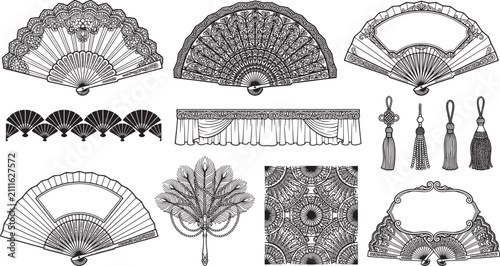 Set of ornate folding hand fans, decorative tassels, fabric drapes, and intricate patterns in a detailed black and white line