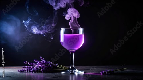 A violet drink with smoke, lavender, on dark surface against black background
