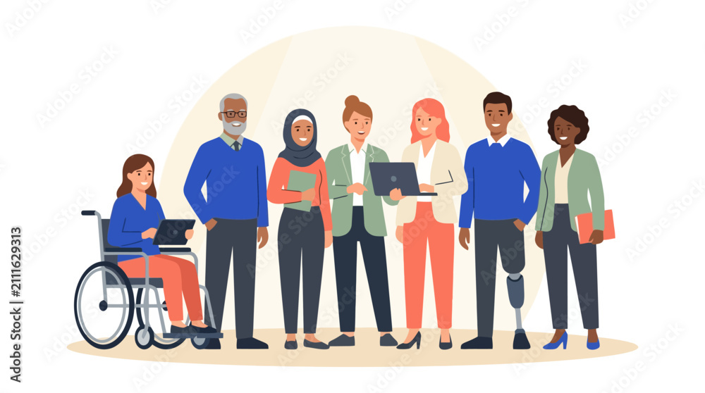 Obraz premium Diverse group of professional people with disabilities working together in office. EPS Editable. Vector Illustrations.
