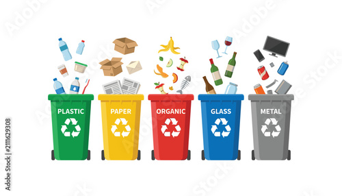 фотографія Waste sorting and recycling bins vector set with plastic paper organic glass and