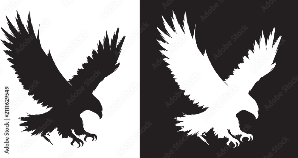 Fototapeta premium Hand Drawn Ink Brush Eagle Silhouette In Flight Vector Illustration Isolated On White And Black Background