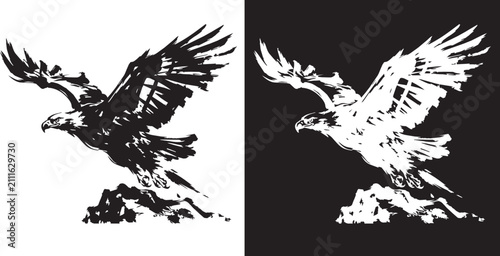 Hand Drawn Ink Brush Eagle Soaring Low Vector Illustration Isolated On White And Black Background