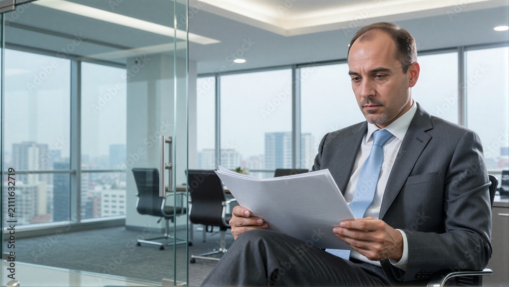 Fototapeta premium Man in suit reads documents in modern office with city view through large windows.