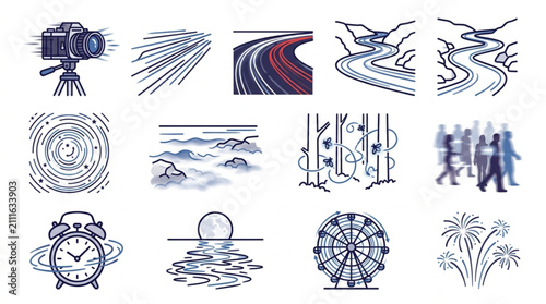 Foto Collection of minimalist line art icons and illustrations.