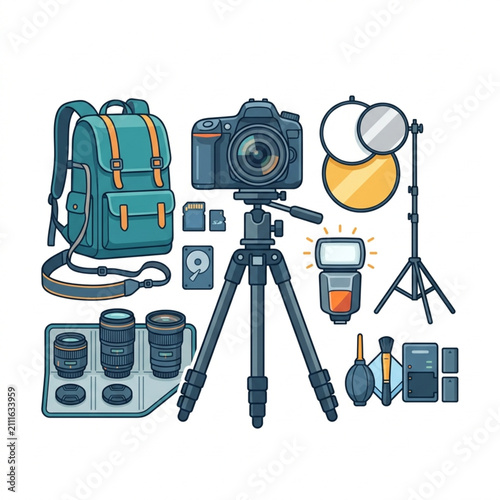 Foto Professional photography equipment flat lay illustration.