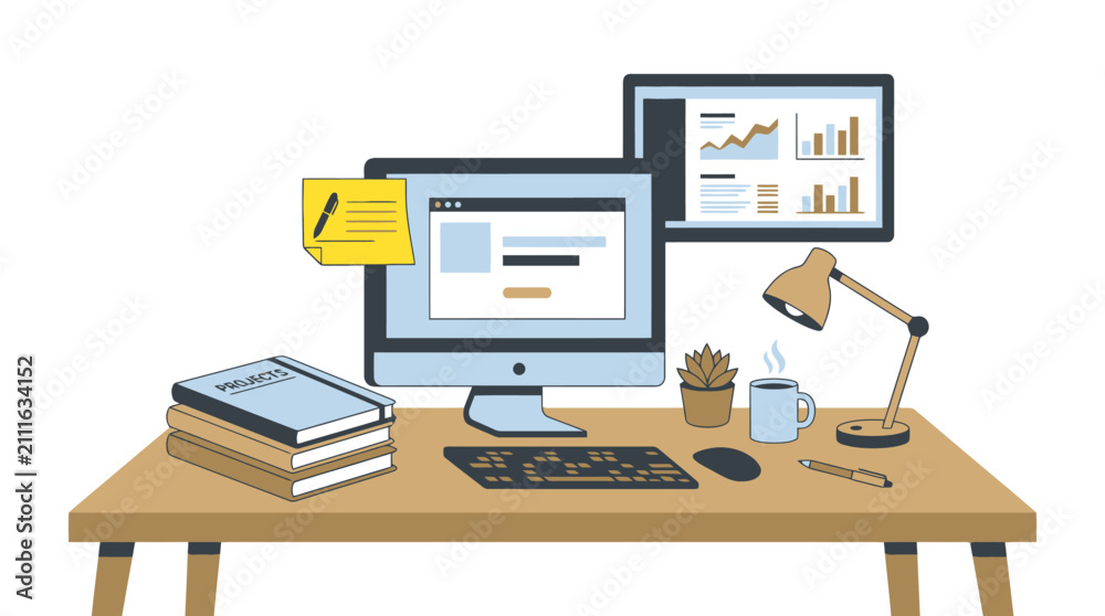 Fototapeta premium Modern office desk with computer monitors and business charts. EPS Editable. Vector Illustrations.