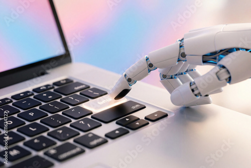 White robotic hand pressing the enter key on a laptop keyboard