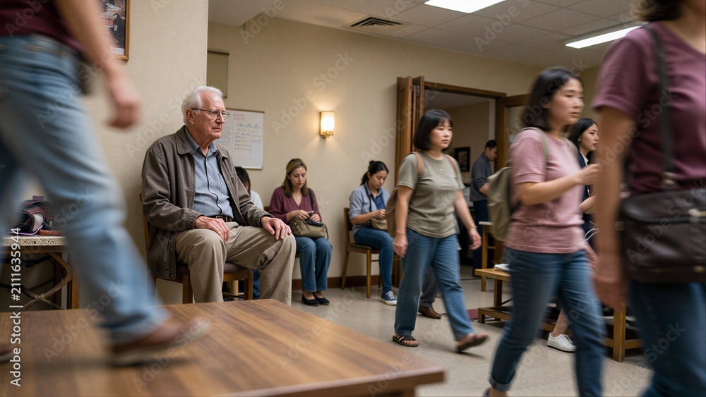 Obraz premium Elderly man stands in a warmly lit room with younger people seated around him.