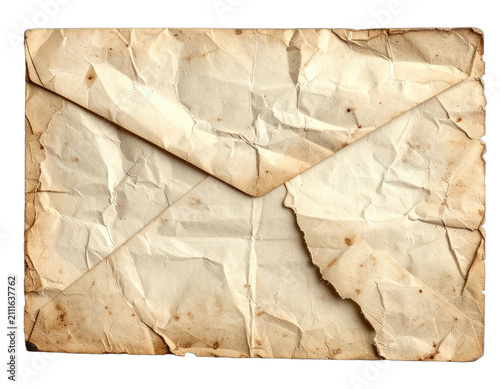 A distressed and aged envelope lies on a black background, showing significant wear and tear.