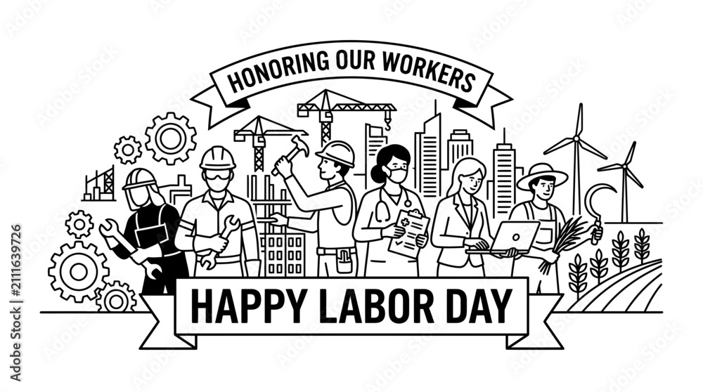 Obraz premium Happy Labor Day Celebration Illustration with Diverse Professional Workers