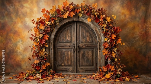 Rustic Wooden Archway Door Covered in Autumn Leaves, Fall Season Entrance