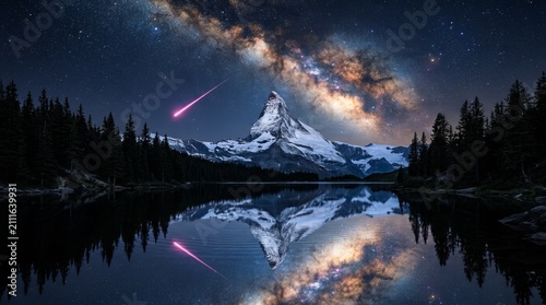 Milky Way Over Snow-Capped Mountain Peak Reflected in Calm Lake with Shooting Star