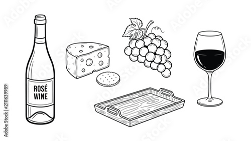 Hand-drawn illustration of a bottle of rosé wine, cheese, grapes, and a glass of red wine on a wooden tray.