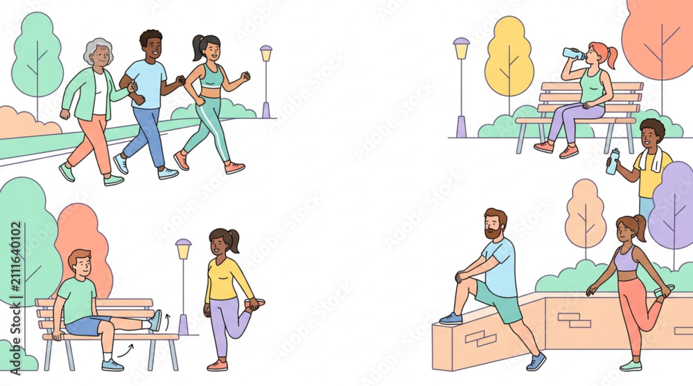 Fototapeta premium World Thrombosis Day vector illustration featuring people exercising and staying active in the park for health and wellness