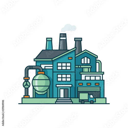 Industrial factory building with smokestacks.
