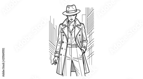 Noir Detective Character in Trench Coat Line Art Illustration
