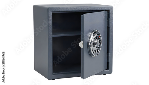 Open steel safe with combination lock on white background