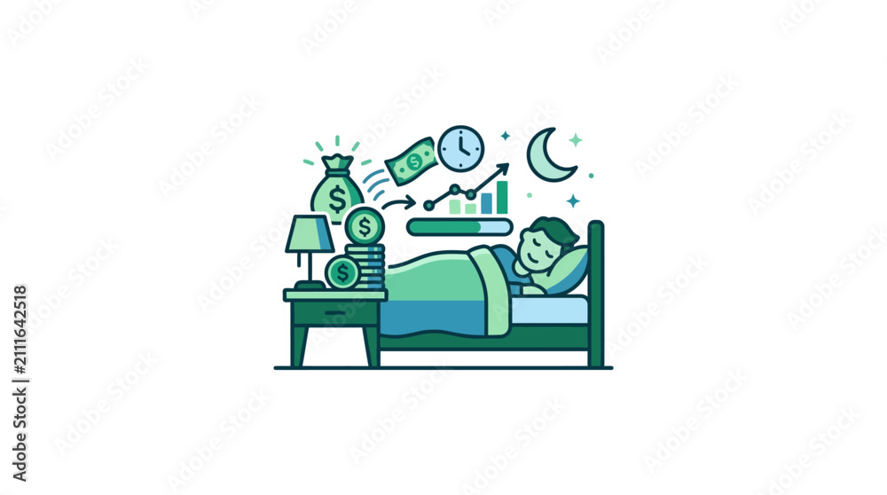Obraz premium Person sleeping in bed with money.