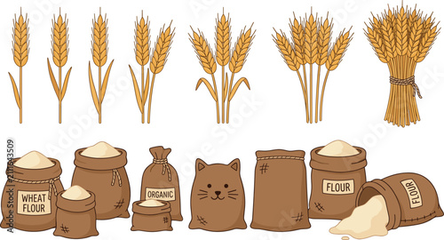 Cuadro en lienzo Golden wheat ears and flour sacks vector illustration set isolated on white back