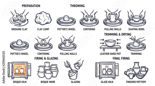Schilderij op canvas Pottery making process step-by-step illustration