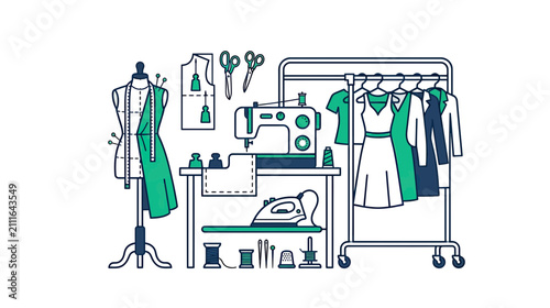 Sewing Studio Scene with Mannequin and Clothing Rack