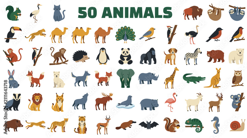 Fototapeta premium Fifty animals set, various wild and domestic animals flat vector collection.