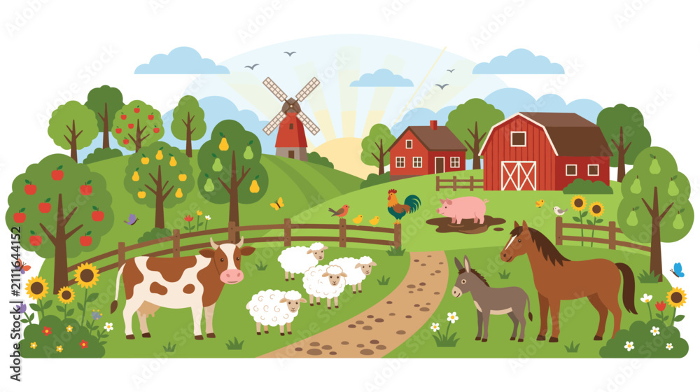 Fototapeta premium Farm animals and buildings in a scenic countryside landscape.