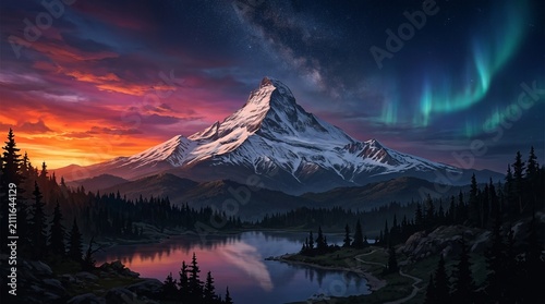 Majestic Mountain Peak Under Aurora Borealis and Starry Sky