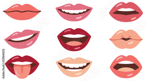 Bild auf Leinwand Female lips set different facial expressions and gestures flat vector