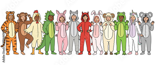 Canvas Print People wearing animal onesies costumes for party and pajamas fashion