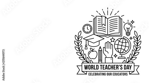 World Teachers Day Badge with Educational Icons and Laurel Wreath