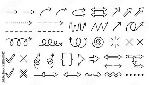 Doodle style arrows and interface symbols for creative project management vector illustration bundle.
