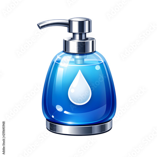 3D Liquid Soap Dispenser Icon with Blue Gel and Chrome Pump Isolated on White
