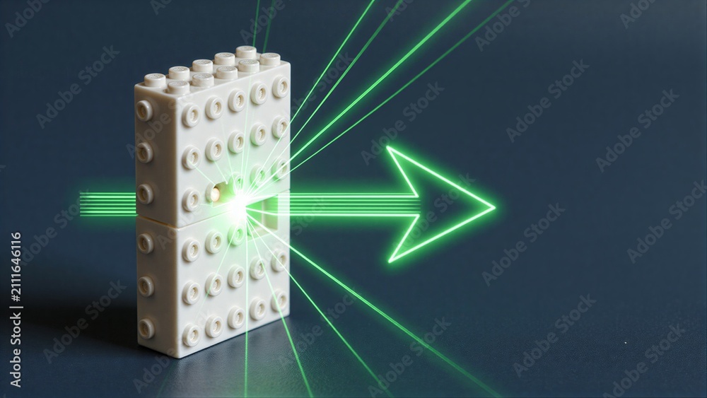 Fototapeta premium White LEGO brick emits green laser beams, forming glowing arrow direction.