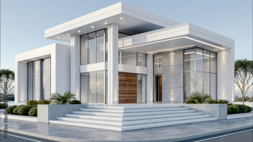 Fototapeta premium Modern building facade with large glass windows, white exterior, marble accents, and wide steps, showcasing contemporary architecture style