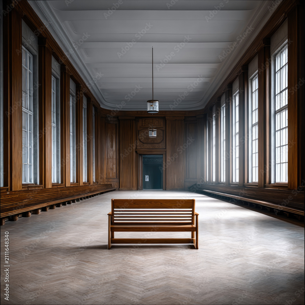 Fototapeta premium Empty courtroom with wooden bench tall windows classic architecture sunlight streaming serene atmosphere symmetry legal setting justice