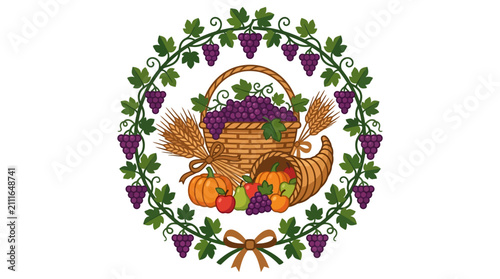 Foto Thanksgiving Harvest Wreath with Basket and Cornucopia