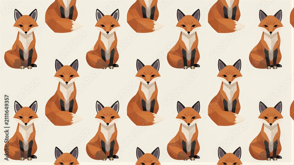 Fototapeta premium Cute geometric foxes in orange and white, sitting on a soft beige background.