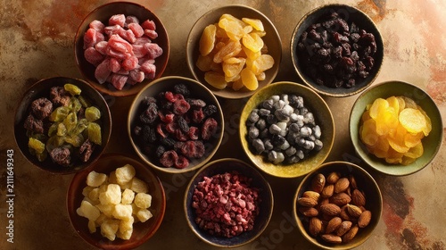 Dried Fruits and Nuts in Bowls Arranged on a Table Featuring Raisins, Apricots, Almonds with Pineapple and Cranberries Elements