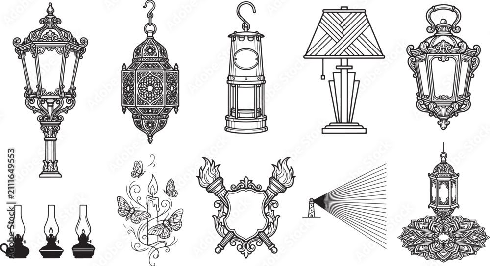 Fototapeta premium Vintage lighting collection featuring ornate street lamps, hanging lanterns, desk lamp, oil lamps and candles with butterflies on white