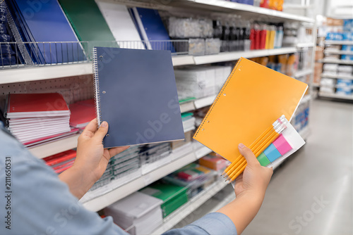 Hands holding notebooks and pencils in a stationery store aisle