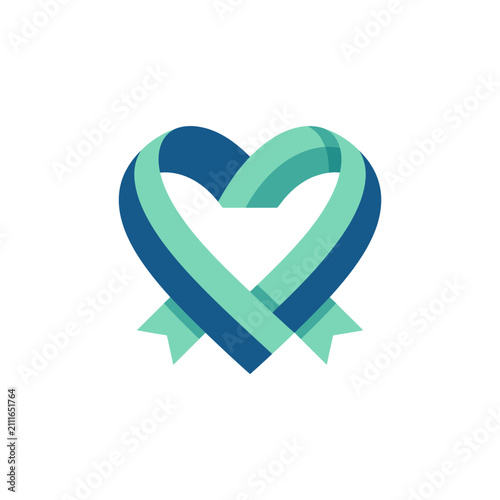 Teal and blue heart shaped ribbon icon.