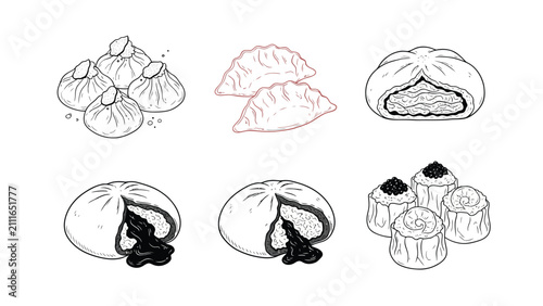 Collection of hand-drawn illustrations of various Asian dumplings and buns, presented in a clean, minimalist line art style.