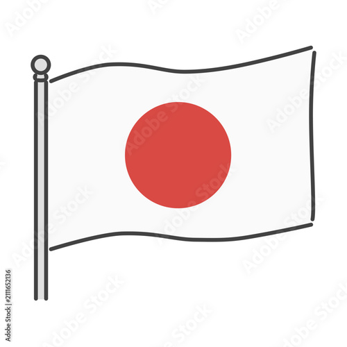 やさしい手描き風の日本国旗イラスト フラッグポール付き