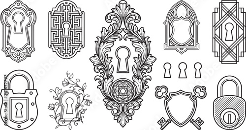 Set of vintage keyhole and lock in black and white line style featuring ornate, gothic, and deco decorative