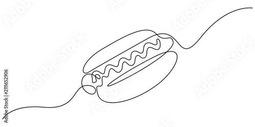 Hot dog continuous line drawing for fast food menu and street food concept.
