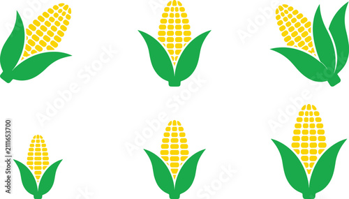 Bild auf Leinwand Vector set of sweet corn cobs with green leaves flat illustration isolated on wh